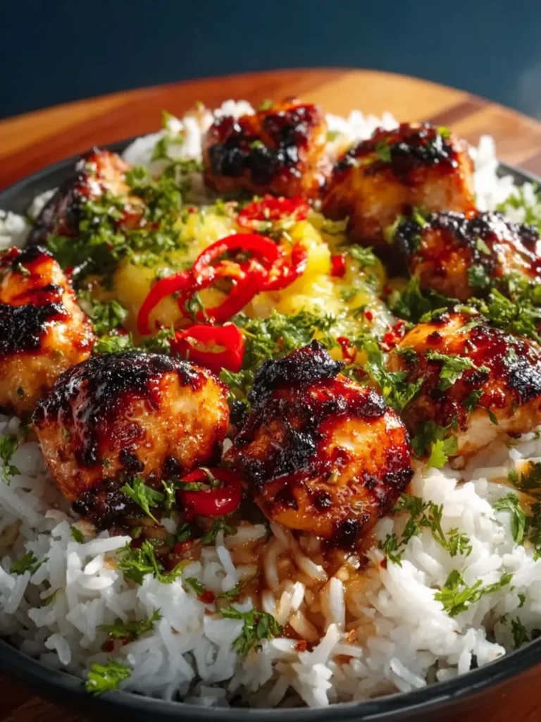 Grilled Maple Sriracha Chicken Bites with Coconut Rice First Image